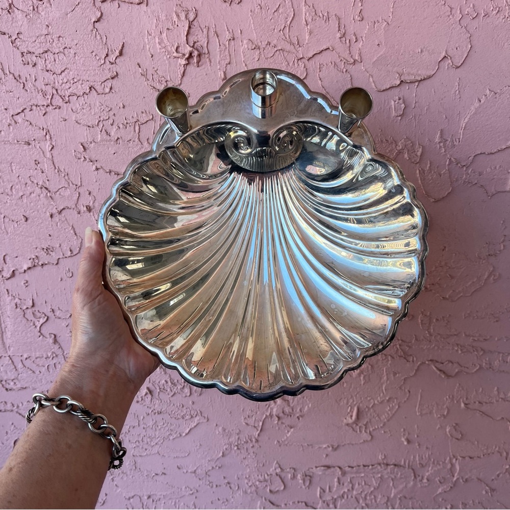 Vintage Clam Shell Bowl Dish Footed Silver-Plate Nautical Coastal Patina